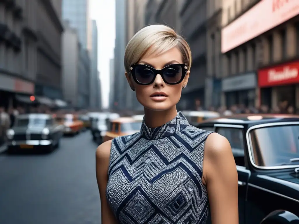 Twiggy: Ícono Mod de los 60 en vestido geométrico Twiggy, musa de moda en publicidad, posa con estilo mod en vestido geométrico y gafas de sol oversized en la ciudad