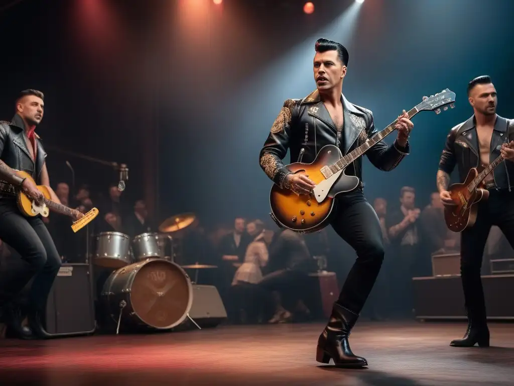 Carismático músico rockabilly cautivando en el escenario Un músico rockabilly carismático con estilo vintage, tocando la guitarra bajo los reflectores ante una multitud