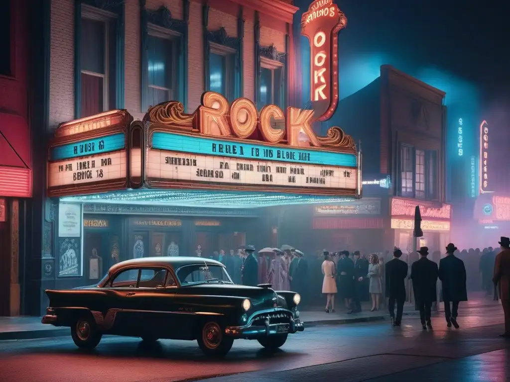 Marquesina de Cine Retro con Estilo Rock & Roll Noches vibrantes de moda rock and roll películas retro en un cine clásico iluminado, con una multitud vestida al estilo de los años 50 y 60