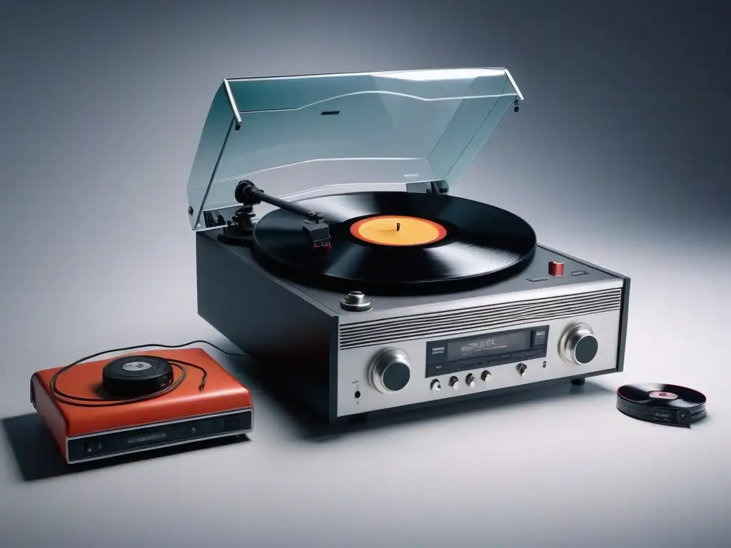 Evocadora escena: tocadiscos vintage y vida digital Una nostálgica transformación de accesorios retro en la era de la tecnología digital