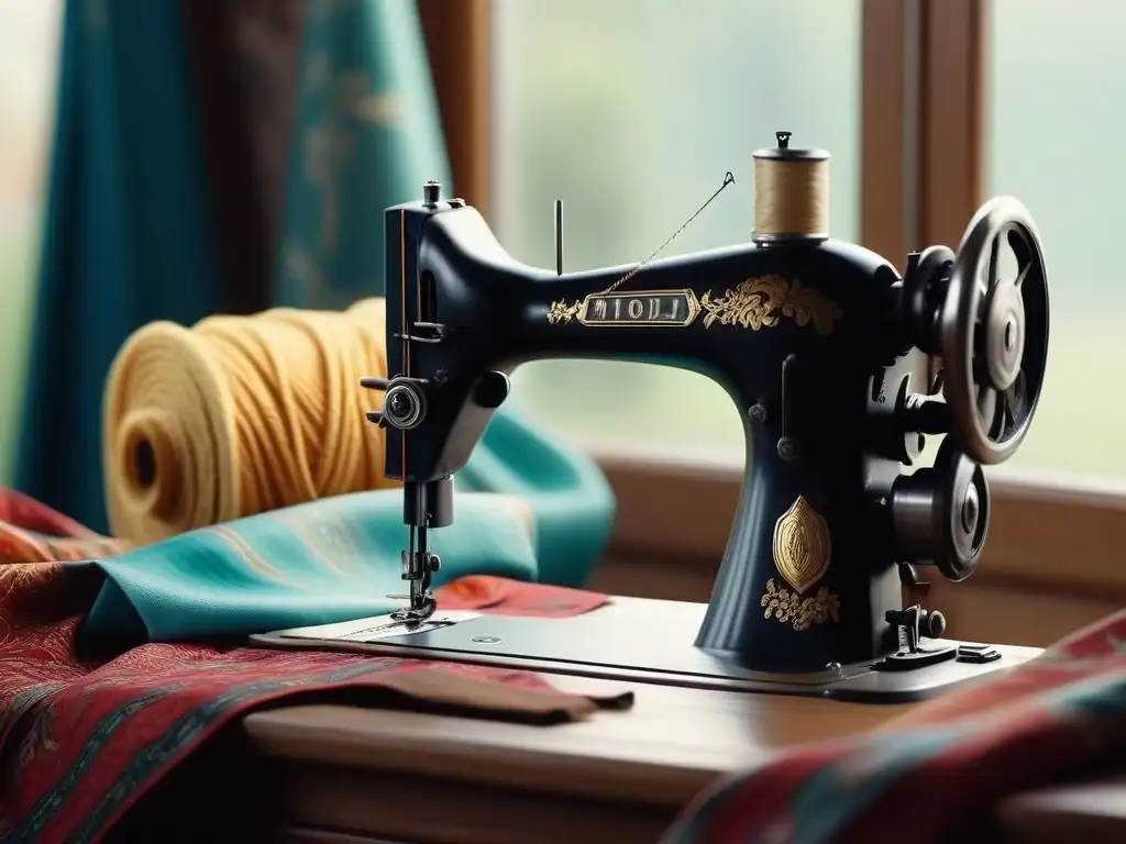 Detalles vintage: máquina de coser rodeada de telas retro Una nostálgica escena vintage de una máquina de coser rodeada de telas retro, iluminada por luz natural