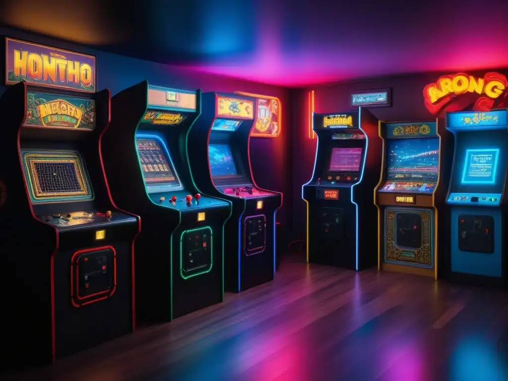 Salón de arcades retro: nostálgico y vibrante de los años 80 Un nostálgico salón arcade de los años 80 con accesorios retro en subastas