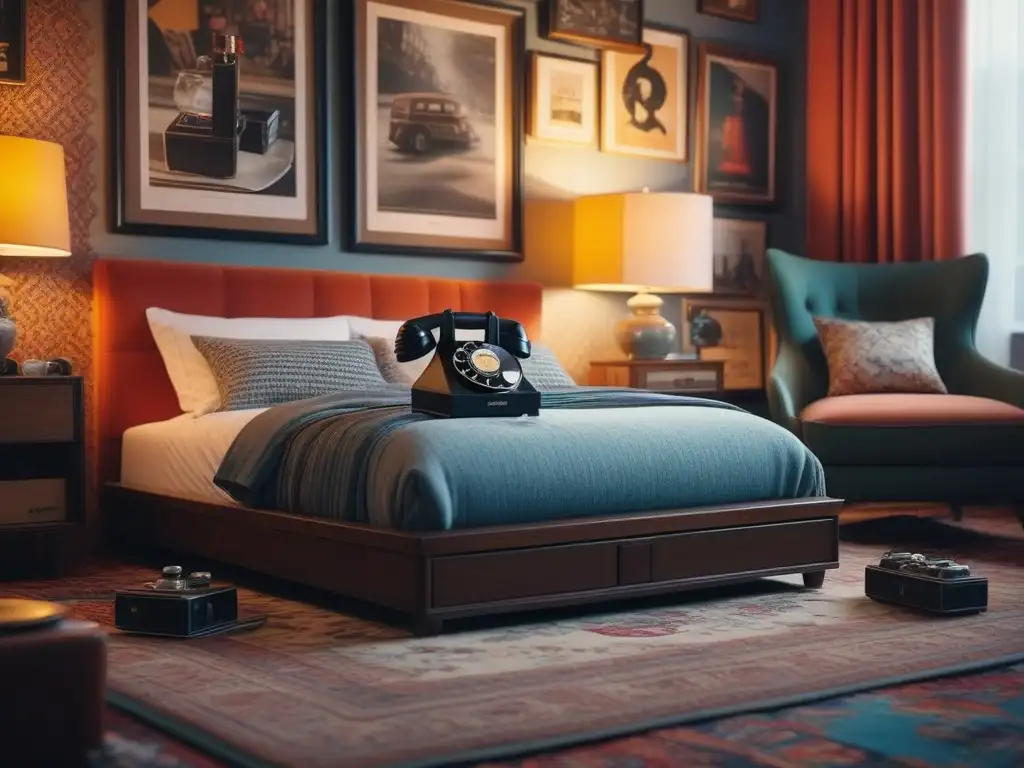 Escena vintage: dormitorio con objetos retro y atmosfera nostálgica Habitación vintage con objetos retro y luz cálida, obsesión millennials moda retro