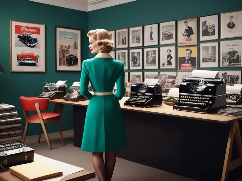 Oficina editorial de moda de los años 50: creatividad y elegancia vintage Una oficina editorial de revistas de moda de los años 50, con elegantes maniquíes y editores discutiendo tendencias y estilos
