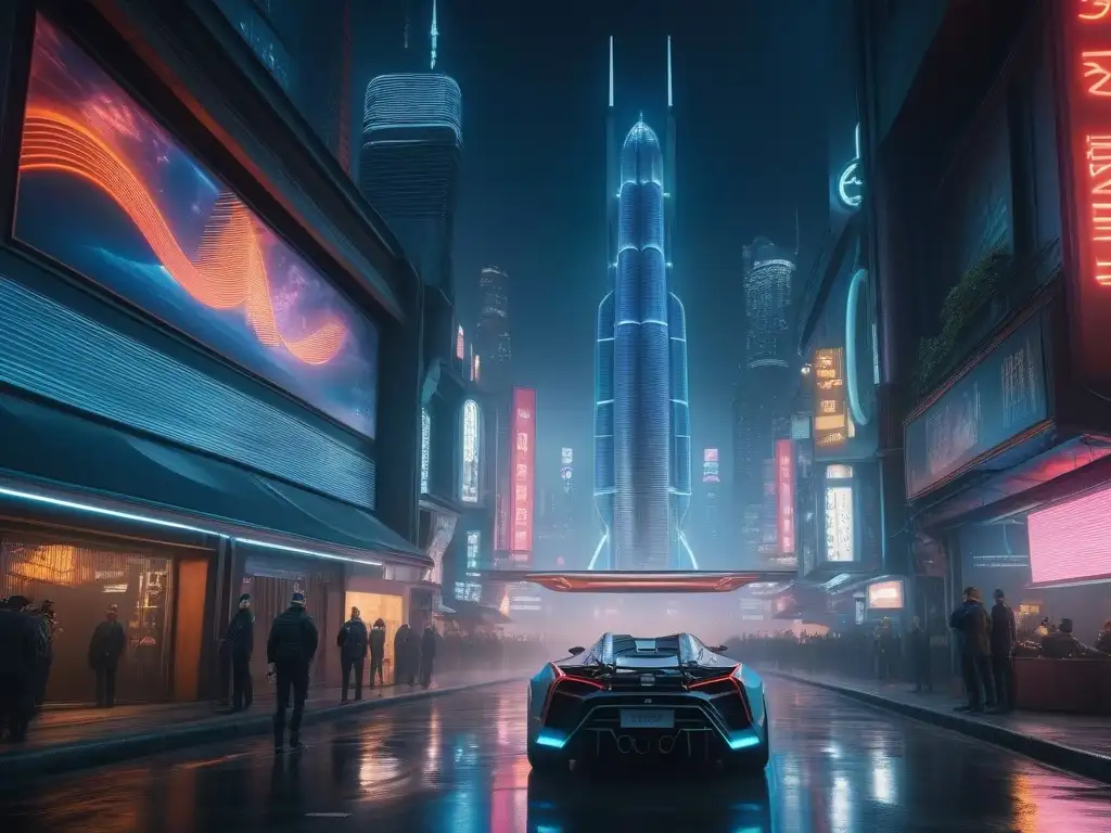 Metrópolis futurista: luces neón y tecnología avanzada al anochecer Un paisaje urbano futurista con rascacielos imponentes y tecnología avanzada integrada en la arquitectura