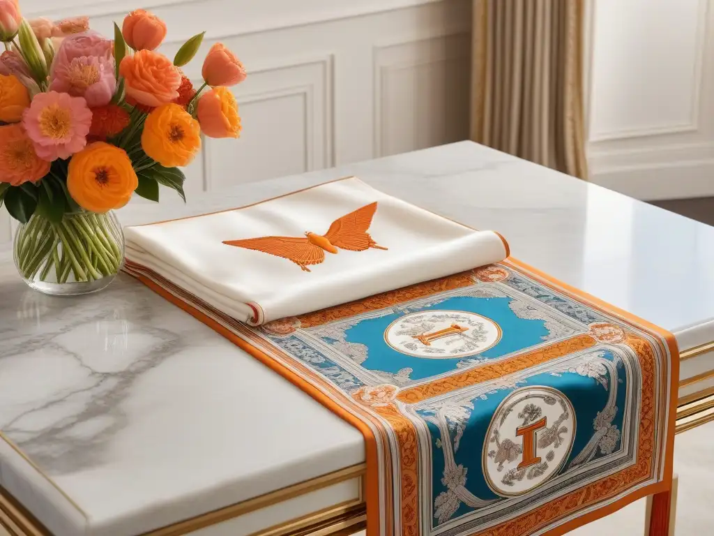 Contraste sedoso: Hermes moderno y vintage en mármol Dos pañuelos de seda Hermes: uno moderno con colores vibrantes y otro vintage con elegancia atemporal, sobre una lujosa mesa de mármol
