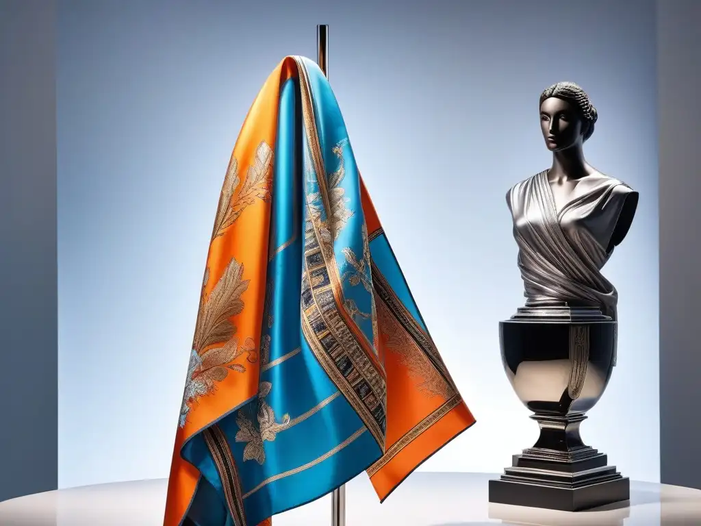 Escultura cromada con pañuelo Hermes en boutique de lujo Pañuelos de seda Hermes modernos deslumbran en boutique minimalista