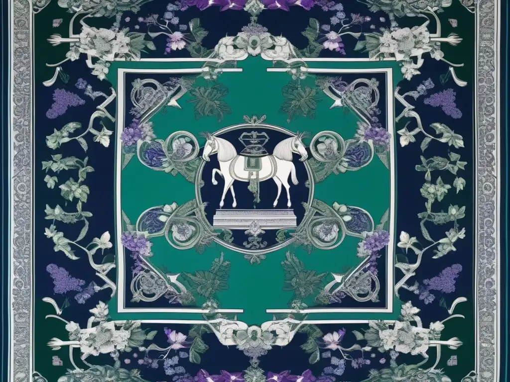 Pañuelo de seda Hermes: diseño moderno y elegante en tonos vibrantes Pañuelos de seda Hermes modernos: diseño vibrante con colores y motivos clásicos entrelazados en una imagen de alta calidad
