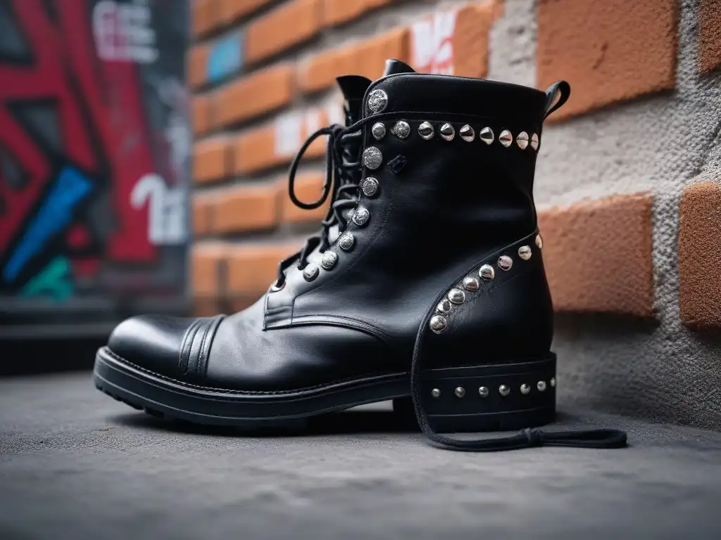 Botas de combate negras desgastadas: estilo grunge de los 90 Un par de botas de combate negras muy desgastadas con tachuelas plateadas y cordones desgastados, sobre un muro de ladrillo graffiteado