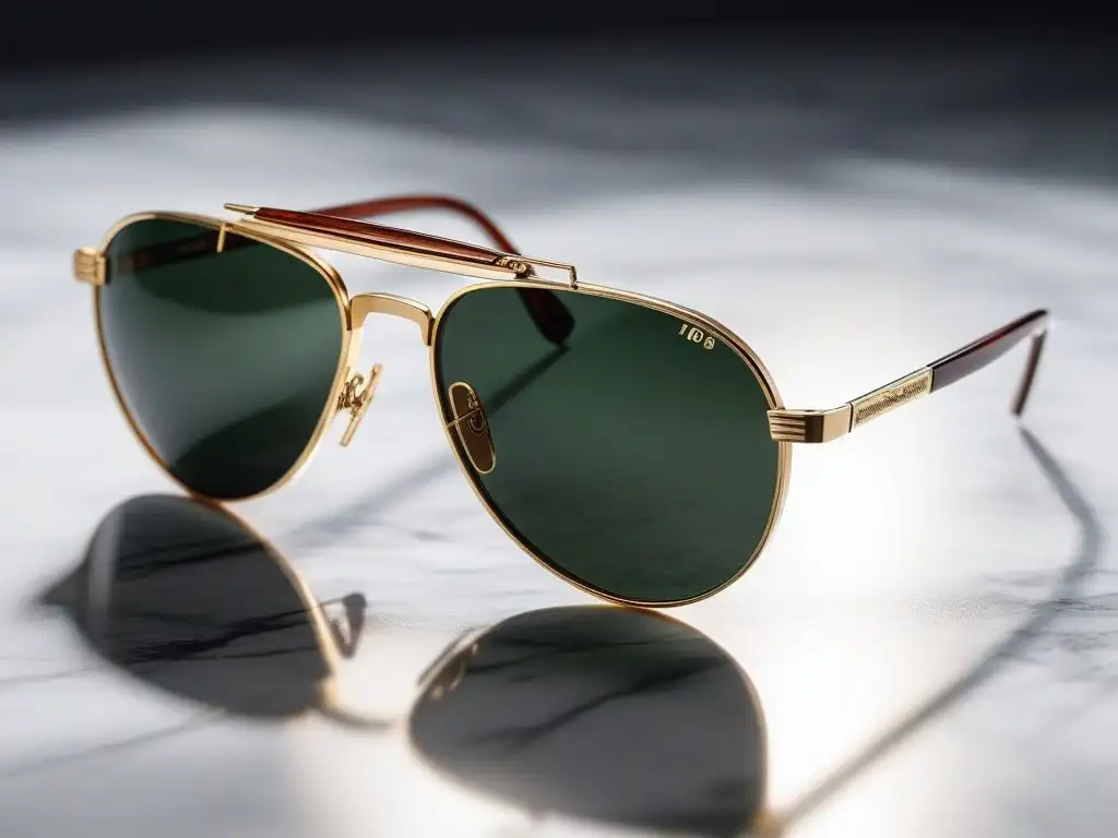 Un par de gafas de sol vintage modernas con marco dorado y lentes verdes polarizadas sobre una mesa de mármol, iluminadas por el sol
