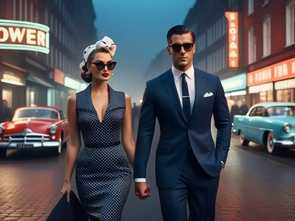 Elegancia retro: pareja glamurosa en moda de los 50 Una pareja glamurosa de los años 50 pasea por la ciudad, vistiendo moda retro años 20 2000, rodeados de autos antiguos y letreros de neón