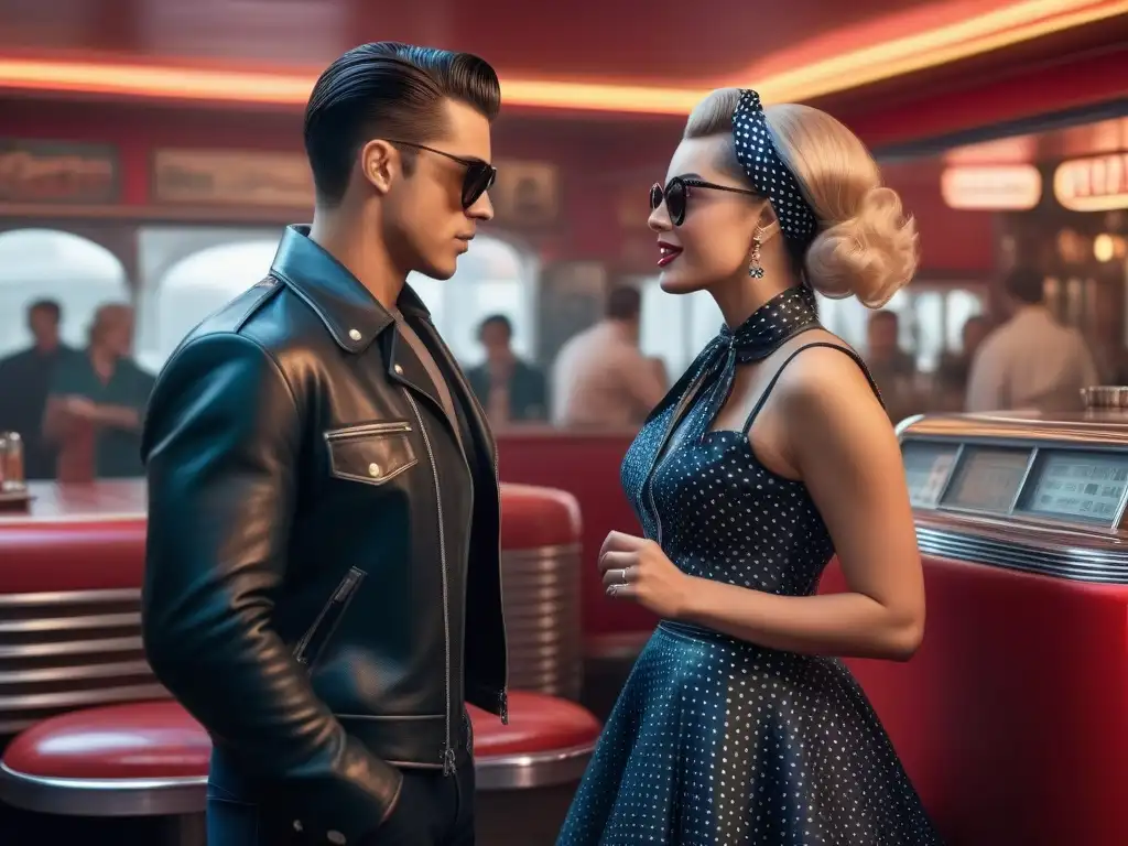 Baile retro: pareja en look rockabilly de los años 50 Una pareja joven bailando en un diner vintage de los 50 con estilo rock and roll, evocando la moda retro de películas