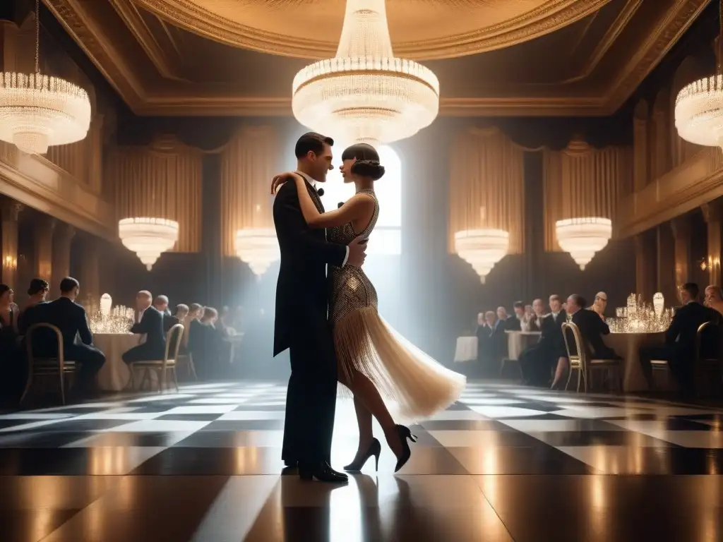 Baile de glamour en salón de los años 20 Parejas elegantes bailan en un salón de baile de los años 20, con estilo retro y glamoroso
