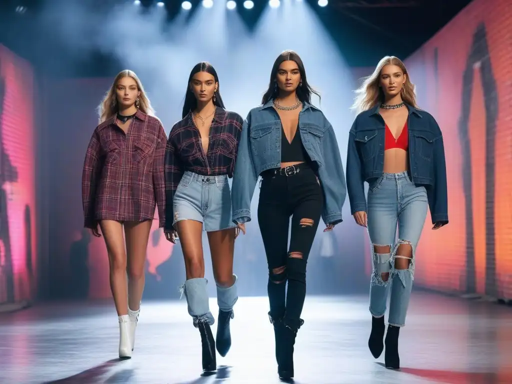 Desfile de moda grunge de los 90 con modelos icónicos Una pasarela de moda retro años 90 tendencias con modelos en atuendos grunge, rodeados de luces neón y grafitis
