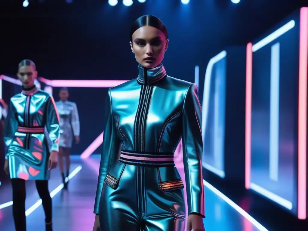 Desfile futurista: moda retro con materiales inteligentes Una pasarela de moda futurista con telas inteligentes y estilos retro