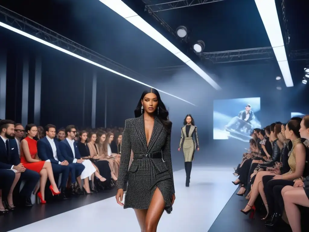 Desfile de moda controvertido: impacto en la industria Una pasarela de moda llena de controversias, con diseñadores y modelos extravagantes y una audiencia sorprendida