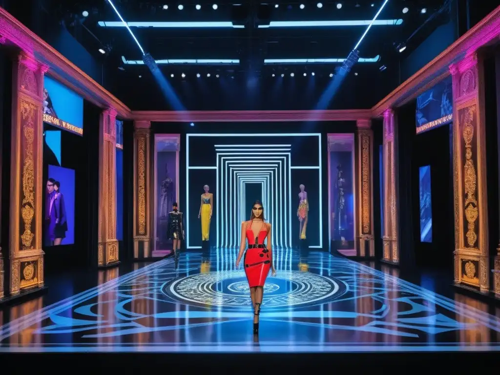 Desfile de moda Versace de los 90: lujo y energía Una pasarela de moda retro Versace de los años 90 con supermodelos en diseños icónicos, colores vibrantes y luces deslumbrantes