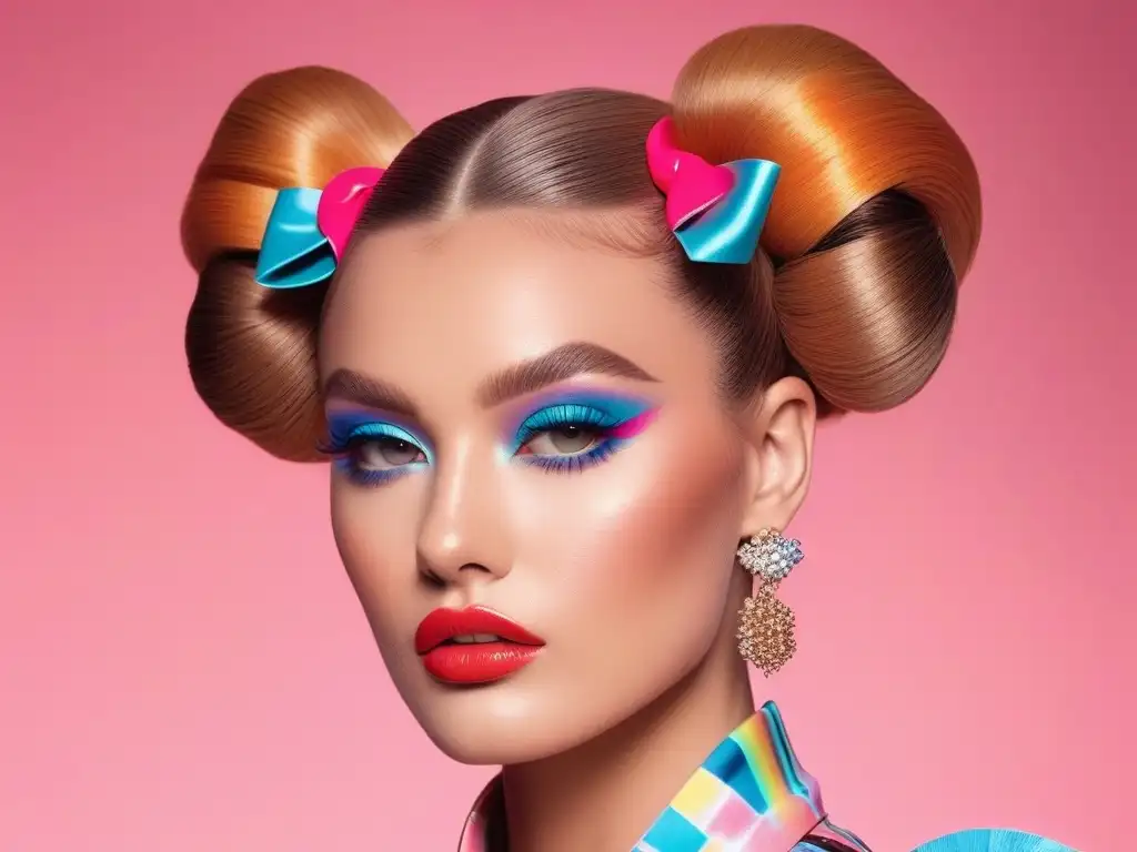 Peinado ochentero: volumen, ondas y nostalgia pop Un peinado icónico de los años 80: cabello voluminoso, ondas y trenzas con accesorios llamativos, maquillaje vibrante y fondo retro