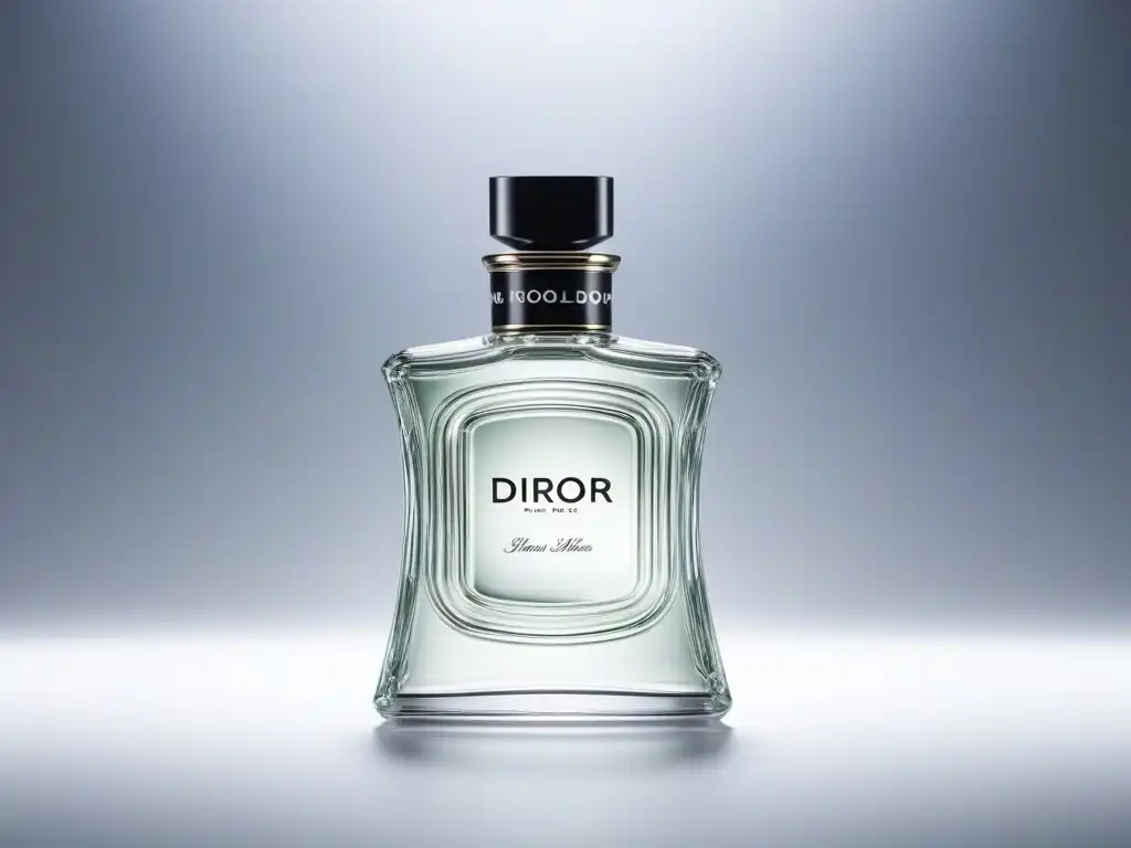 Perfume de lujo con diseño vintage Dior en elegante composición Un perfume moderno con diseño clásico inspirado en Dior, rodeado de anuncios vintage en blanco y negro