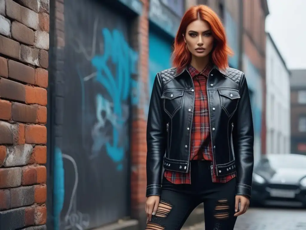 Estilo grunge: moda rebelde en la ciudad Persona con estilo grunge capas moda retro, viste camisas de cuadros, jeans rasgados, botas militares y chaqueta de cuero en un callejón urbano