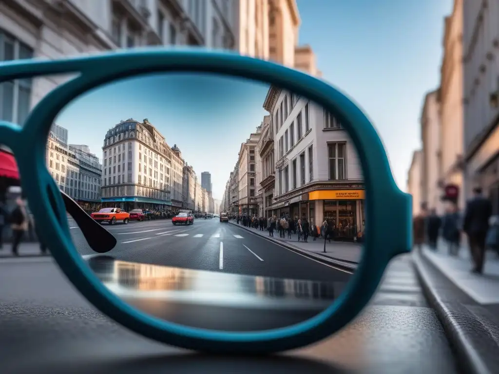 Una persona con gafas de sol vintage se refleja en un espejo con una bulliciosa ciudad de fondo