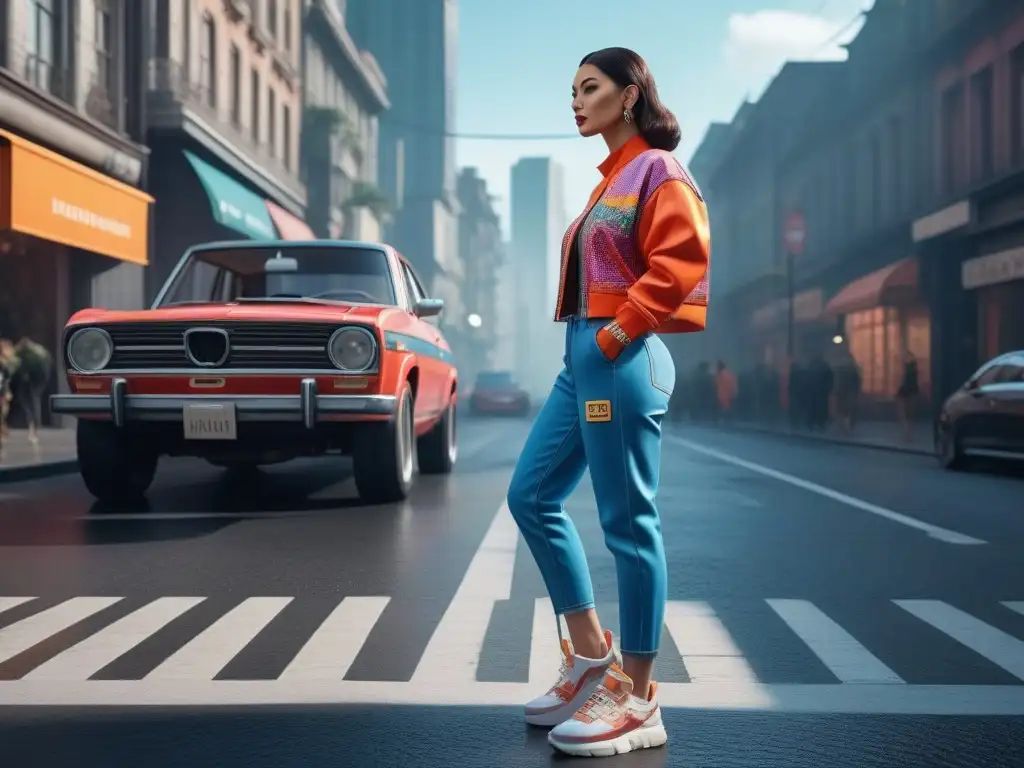 Personaje retro de videojuego con atuendo ochentero en ciudad pixelada Un personaje de videojuego retro con moda inspirada en los 80s y 90s, en ambiente pixelado de ciudad