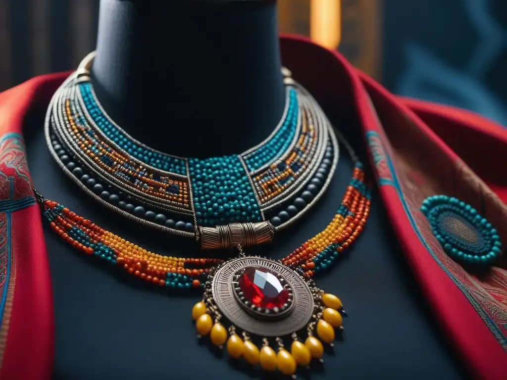 Joyas contemporáneas inspiradas en África: fusión de tradición y modernidad Una pieza de joyería contemporánea inspirada en África, con colores vibrantes y detalles intrincados, fusionando tradición e innovación