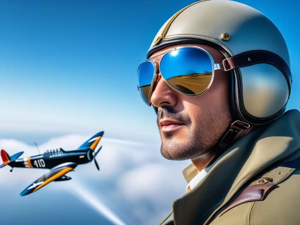 Piloto de la Segunda Guerra Mundial con gafas aviador Un piloto de la Segunda Guerra Mundial con gafas de sol aviador, junto a un avión vintage en un cielo azul claro