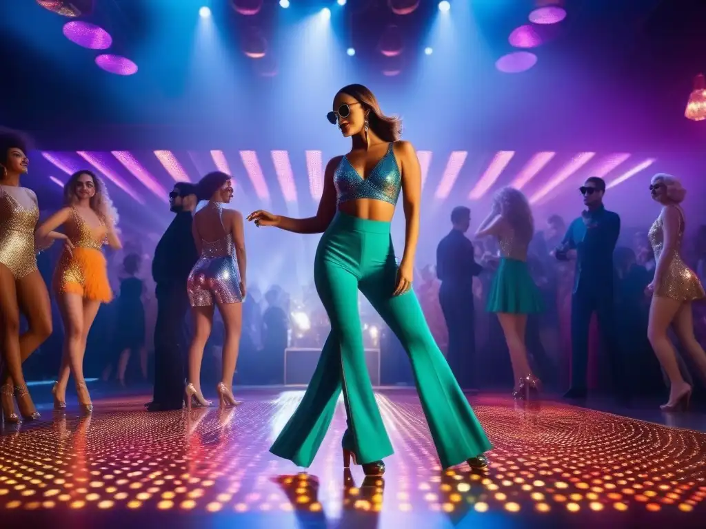 Salón de baile disco: Energía y estilo de los años 70 Pista de baile iluminada con vestuarios retro icónicos en vibrante ambiente disco de los 70