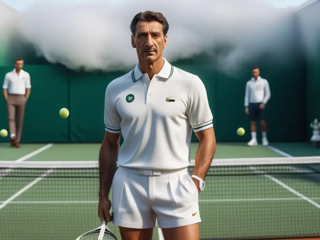 René Lacoste: Elegancia retro en la pista de tenis René Lacoste en pista de tenis con moda deportiva retro, rodeado de raquetas y pelotas vintage