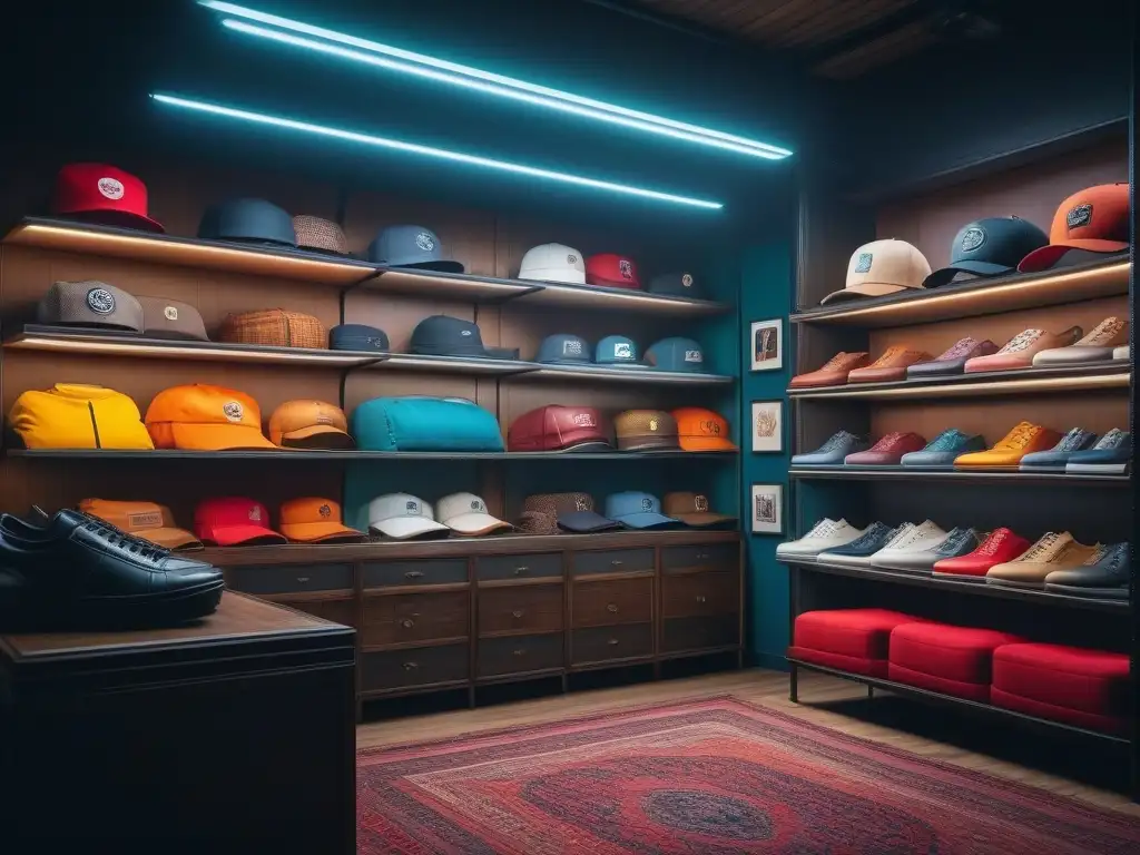 Tienda online de moda retro: fusión de nostalgia y tecnología Una plataforma online de moda retro vibrante y colorida, con una variedad de prendas vintage en estantes virtuales, rodeada de iconos y patrones retro