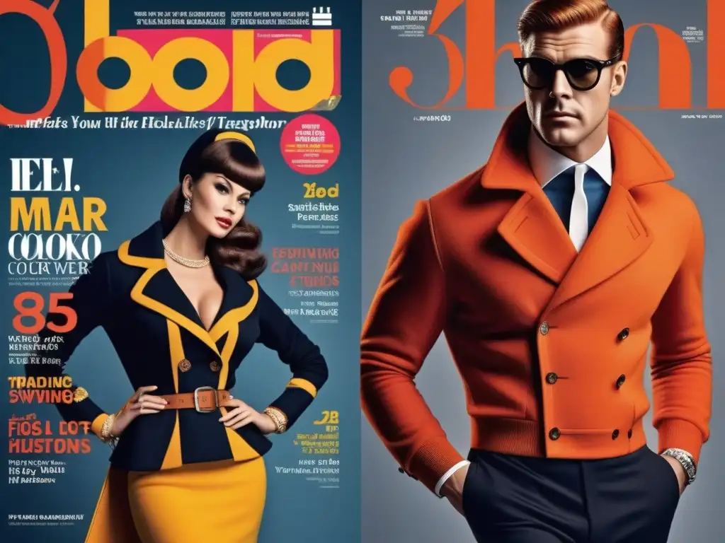 Portada de revista de moda de los años 60: estilo retro y colorido Portada vibrante de revista de moda años 60 con tipografía colorida y ilustraciones retro icónicas de hombres y mujeres elegantes en atuendos vintage