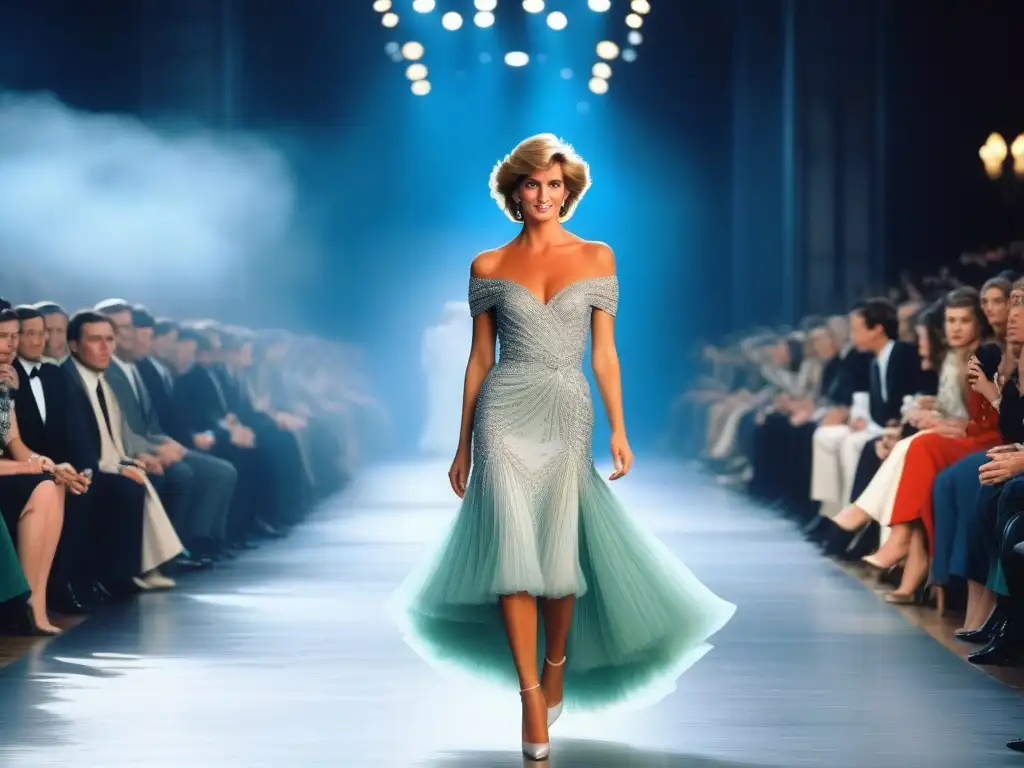 Princesa Diana deslumbra en pasarela de moda de los 80 Princesa Diana deslumbrando en desfile de moda retro años 80, con paparazzi y admiradores