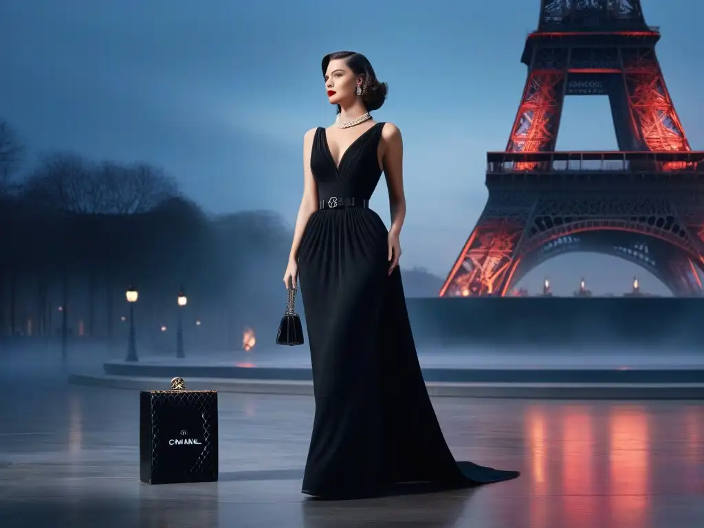 Publicidad icónica Chanel moda retro: Ilustración detallada de un anuncio vintage de Chanel con una modelo glamorosa en París al atardecer