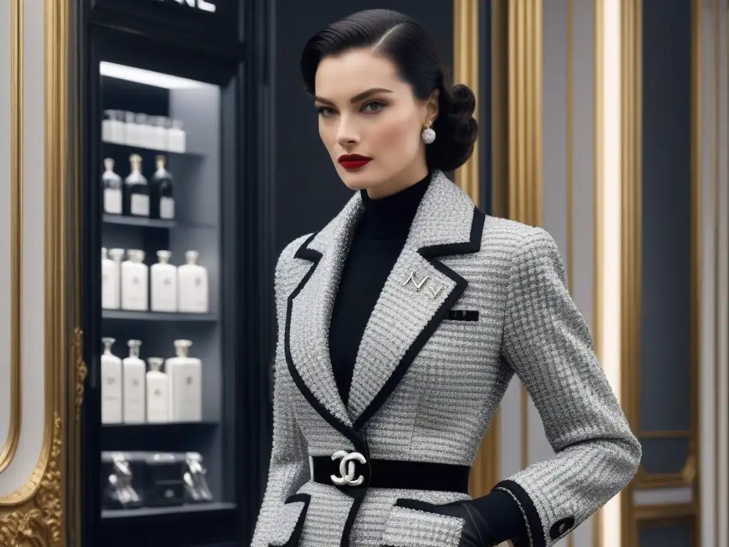 Publicidad icónica Chanel moda retro: Imagen detallada de un anuncio vintage de Chanel de los 50, con elegante modelo y escenario parisino glamoroso