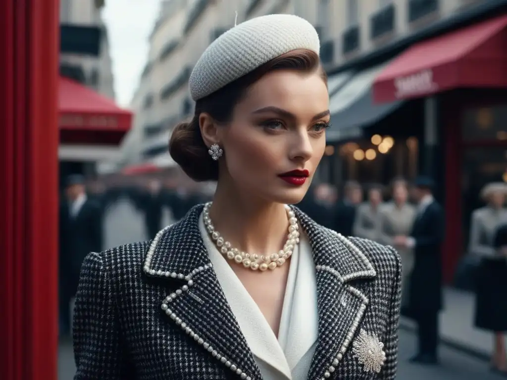 Publicidad icónica Chanel moda retro: Modelo glamorosa en traje tweed negro y blanco, perlas elegantes, peinado sofisticado, París chic