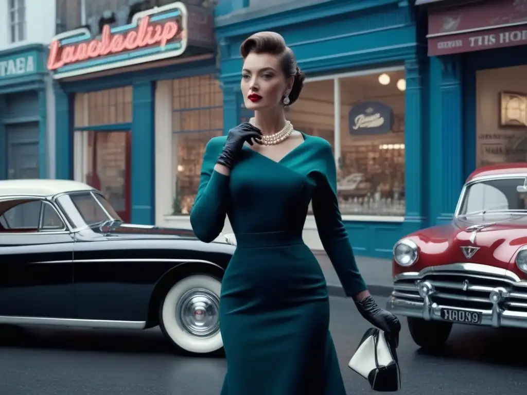 Anuncio de moda vintage de los años 50: glamour y elegancia Publicidad en moda años 50: Mujer glamurosa junto a un auto clásico en una ciudad retro