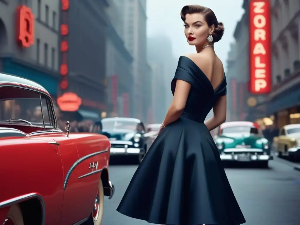 Anuncio de moda de los años 50: Elegancia y estilo en la ciudad Publicidad en moda años 50: Mujer sofisticada en vestido elegante y labial rojo, ambiente de ciudad vintage
