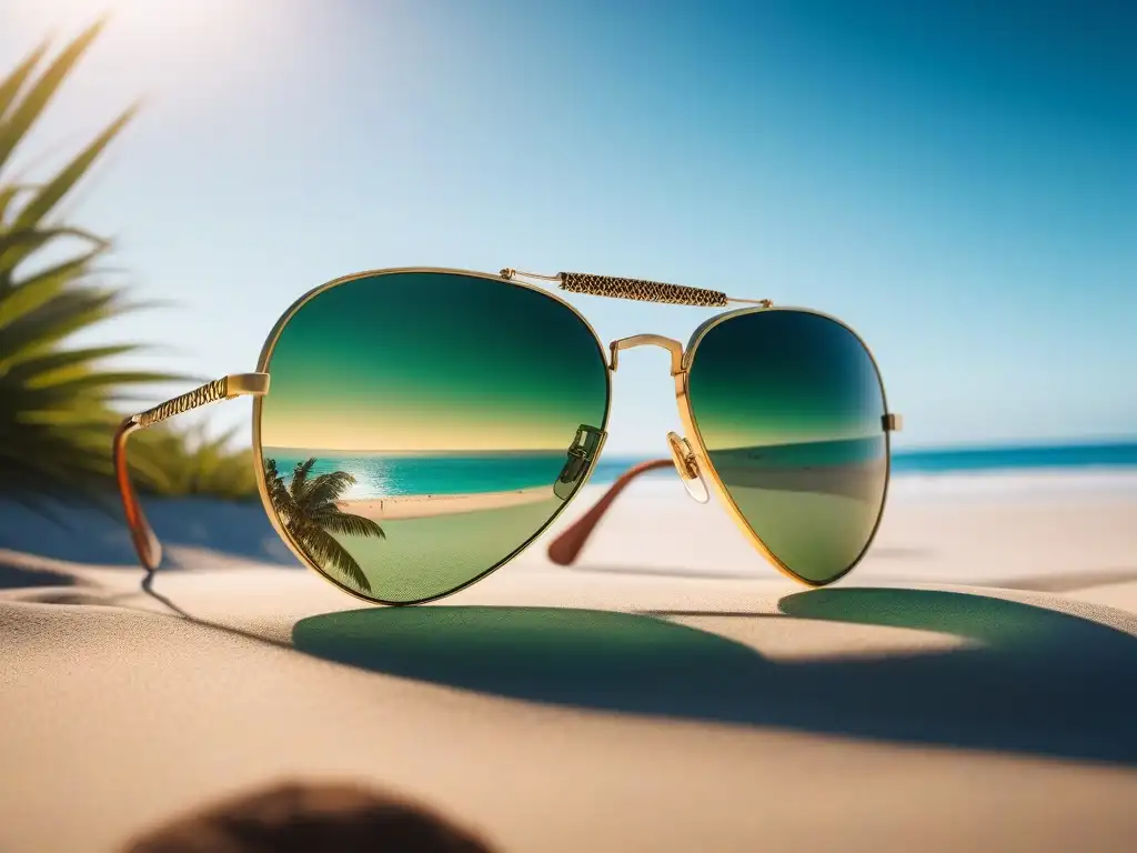 Reflejo de elegancia y nostalgia en gafas de sol vintage retro, con detalles dorados y lentes verdes en un escenario playero soleado