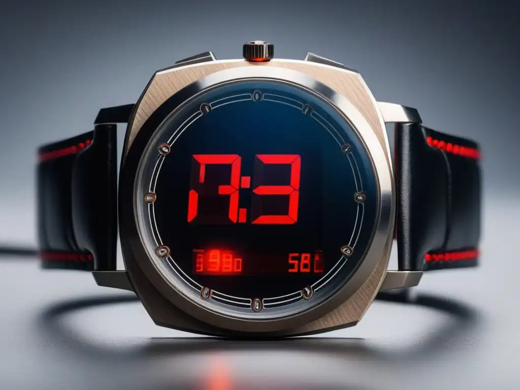 Reloj digital vintage de los 70 con display LED rojo Un reloj digital retro de los años 70 con diseño futurista, números LED rojos y correa metálica, sobre fondo neutro