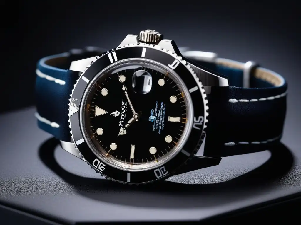 Relojes vintage Rolex y Omega: lujo y elegancia atemporal Dos relojes vintage submarinos de 1966 y 1970 en elegante expositor negro, destacando lujo y elegancia