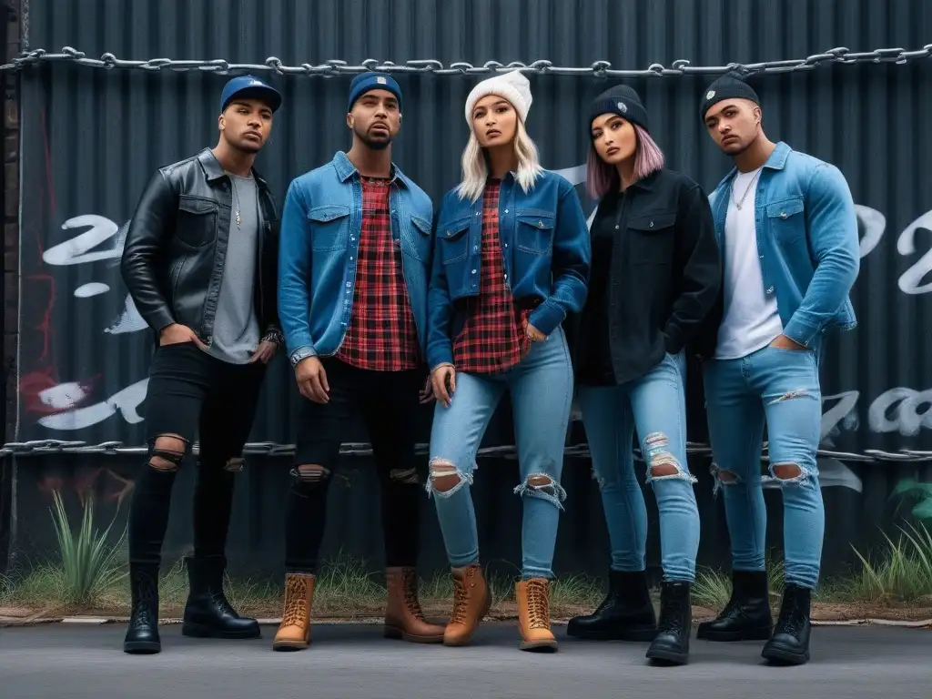 Estilo grunge urbano: jóvenes rebeldes en la ciudad Una representación detallada y realista de jóvenes en un entorno urbano, con moda grunge años 90 tendencias