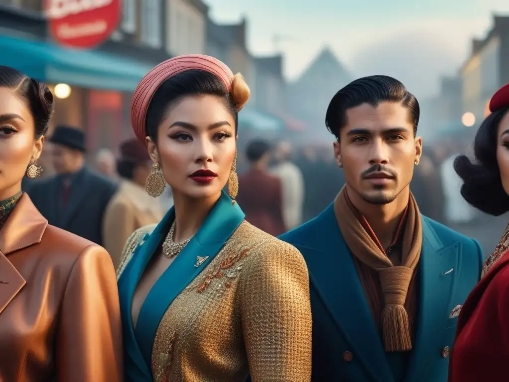 Estilo retro: diversidad cultural en moda urbana Una representación detallada y vibrante de la moda retro como cambio cultural, con personas diversas exhibiendo estilos únicos en un entorno urbano