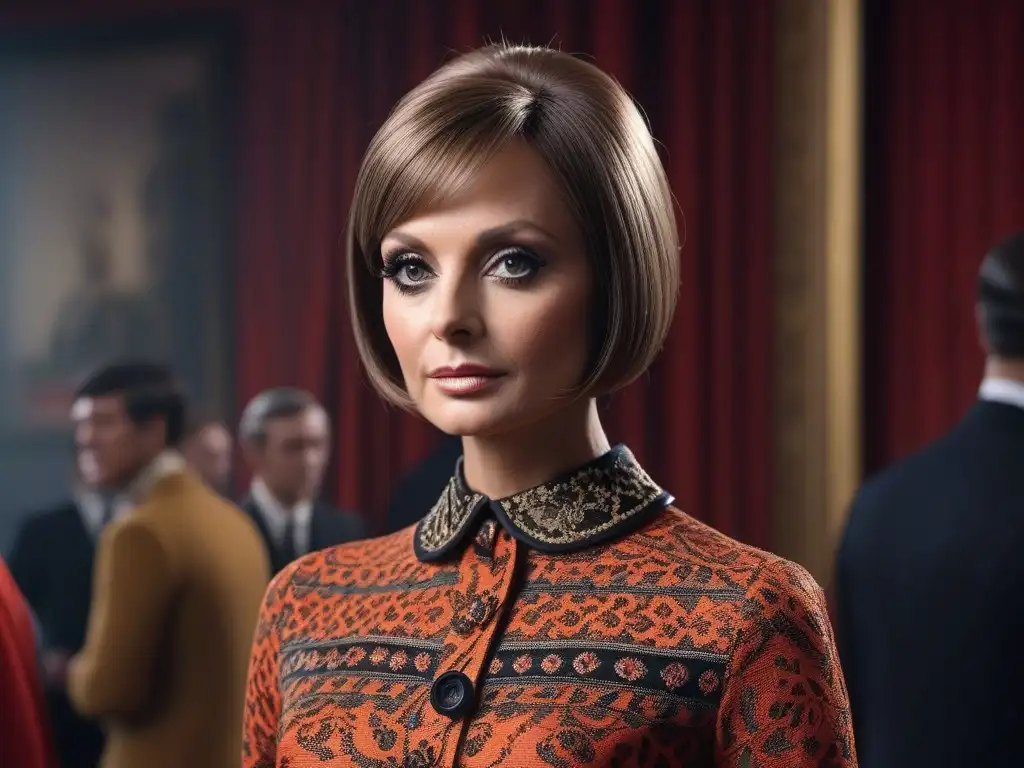 Twiggy: Ícono Mod de los 60 en detalle Retrato detallado de Twiggy en los años 60, ícono de moda retro, con corte de cabello corto y vestido estilo mod con patrones llamativos