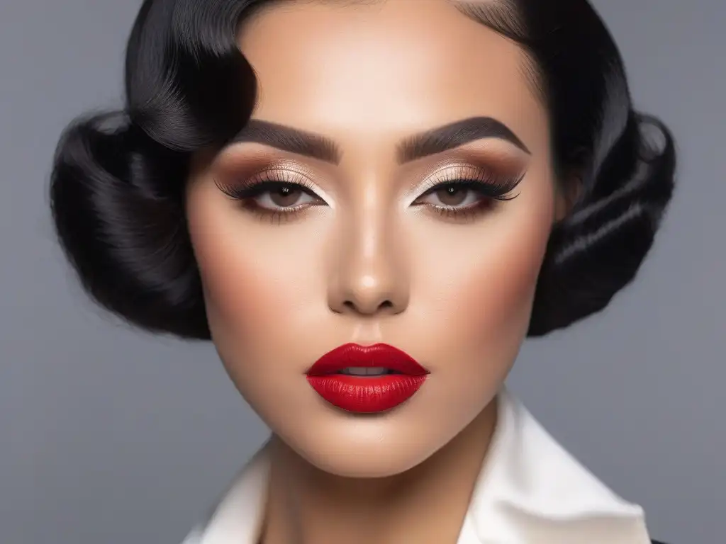 Maquillaje vintage: mujer glamurosa en blanco y negro Retrato detallado en blanco y negro de una mujer glamorosa con maquillaje de los años 20, capturando la elegancia vintage