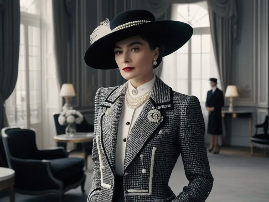 Coco Chanel en 1910: Elegancia atemporal en París Retrato detallado de Coco Chanel en 1910 con su icónico estilo, moda accesorios retro en elegante apartamento parisino
