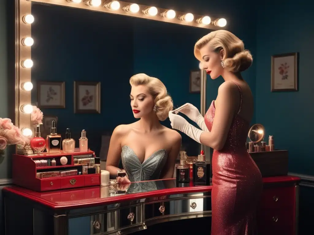 Divina estrella de Hollywood de los años 50 en su tocador glamuroso Retrato detallado de diva de los años 50 en tocador lleno de productos vintage