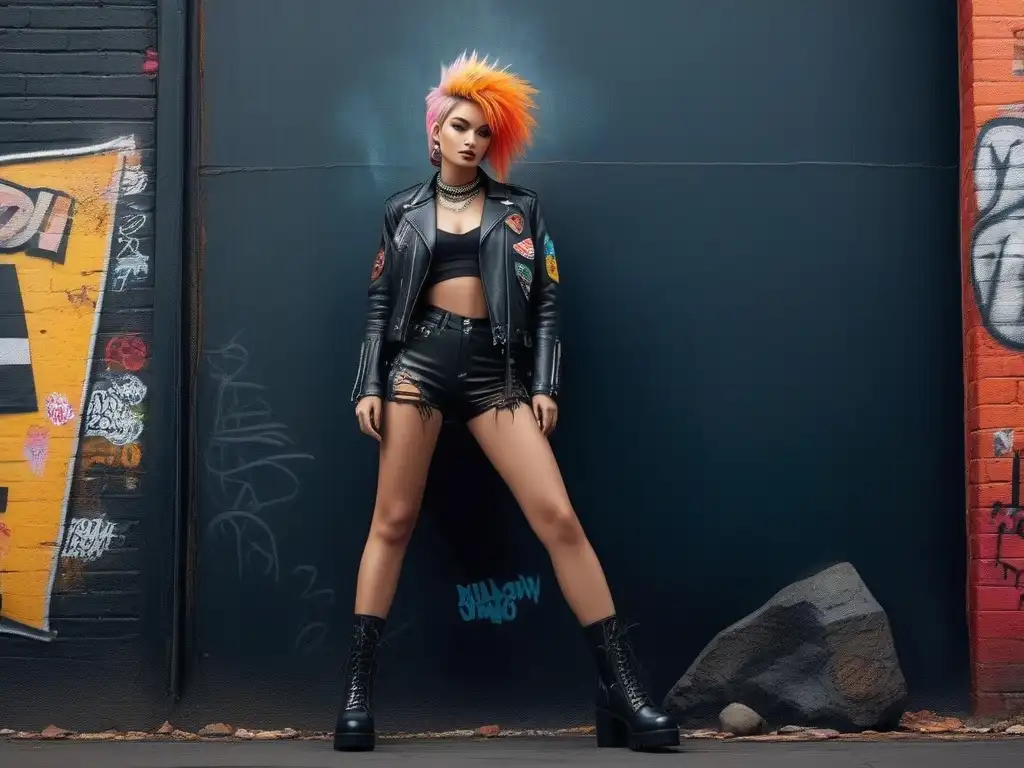 Moda punk retro: juventud rebelde en la ciudad Un retrato detallado y fotorrealista de un modelo joven con moda retro inspirada en el punk en un ambiente publicitario punk