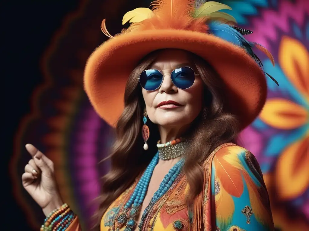 Retrato psicodélico de Janis Joplin en su icónico estilo retro Retrato detallado de Janis Joplin en moda psicodélica retro, irradiando carisma en escenario colorido