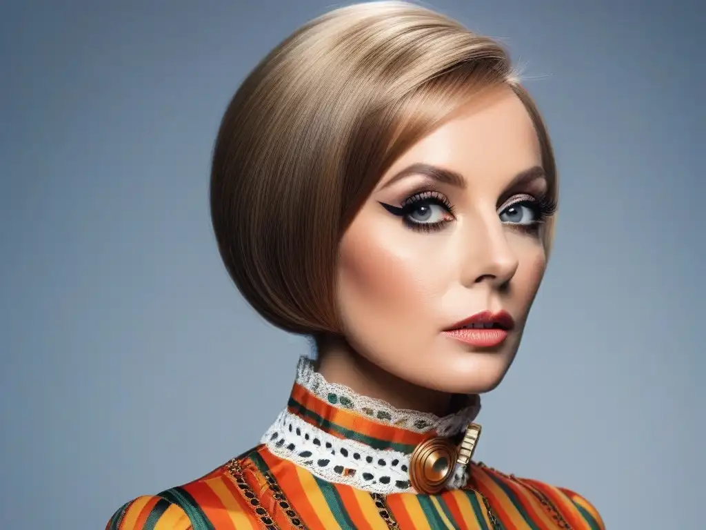 Twiggy: Retrato ultradetallado de la icónica supermodelo de los 60 Retrato detallado de Twiggy en moda retro años 60, con su icónico estilo y expresión juvenil